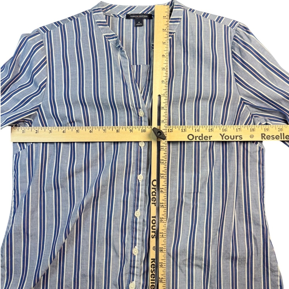 Tommy Hilfiger Women's Medium Blue Striped Button Front Cotton Shirt Roll Sleeve - Picture 4 of 6